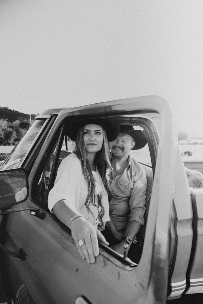 black and white old ford truck engagement photoshoot