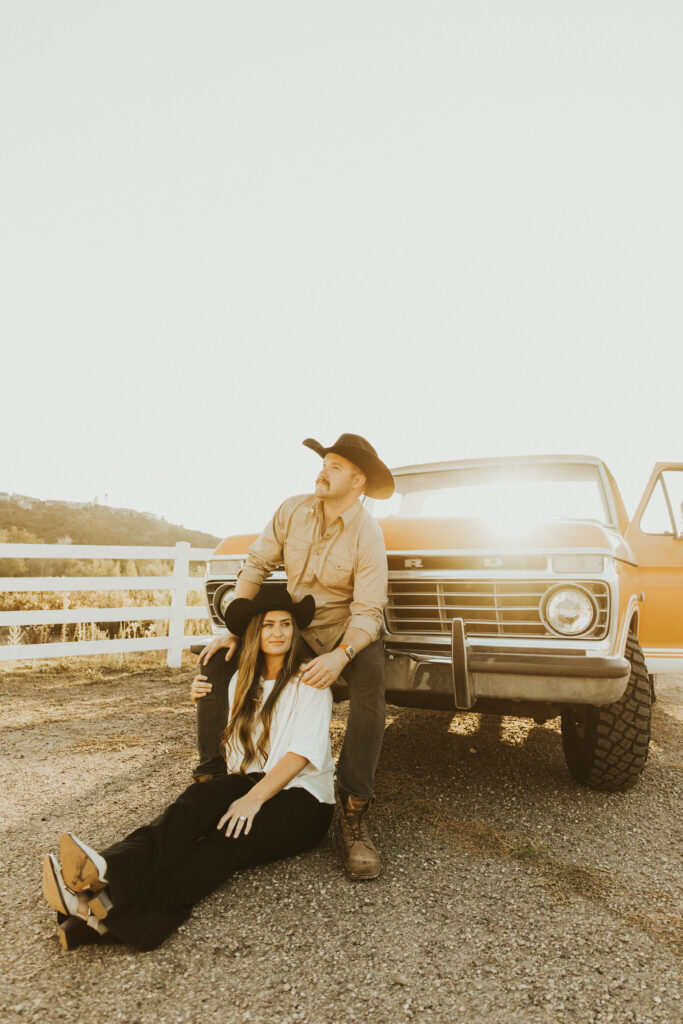 San Diego western engagement photography session with an old red ford truck