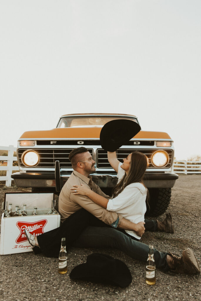 San Diego western engagement photography session with an old red ford truck